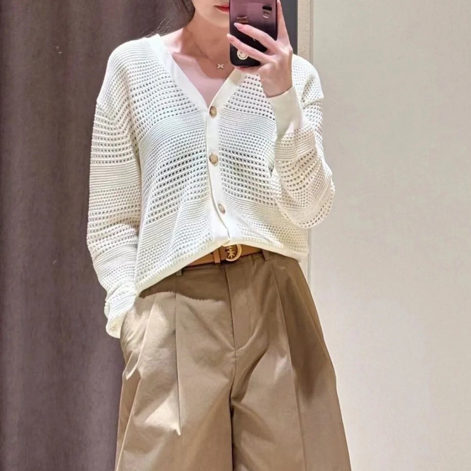 Cardigan — White Openwork Buttons — knitwear detail 1