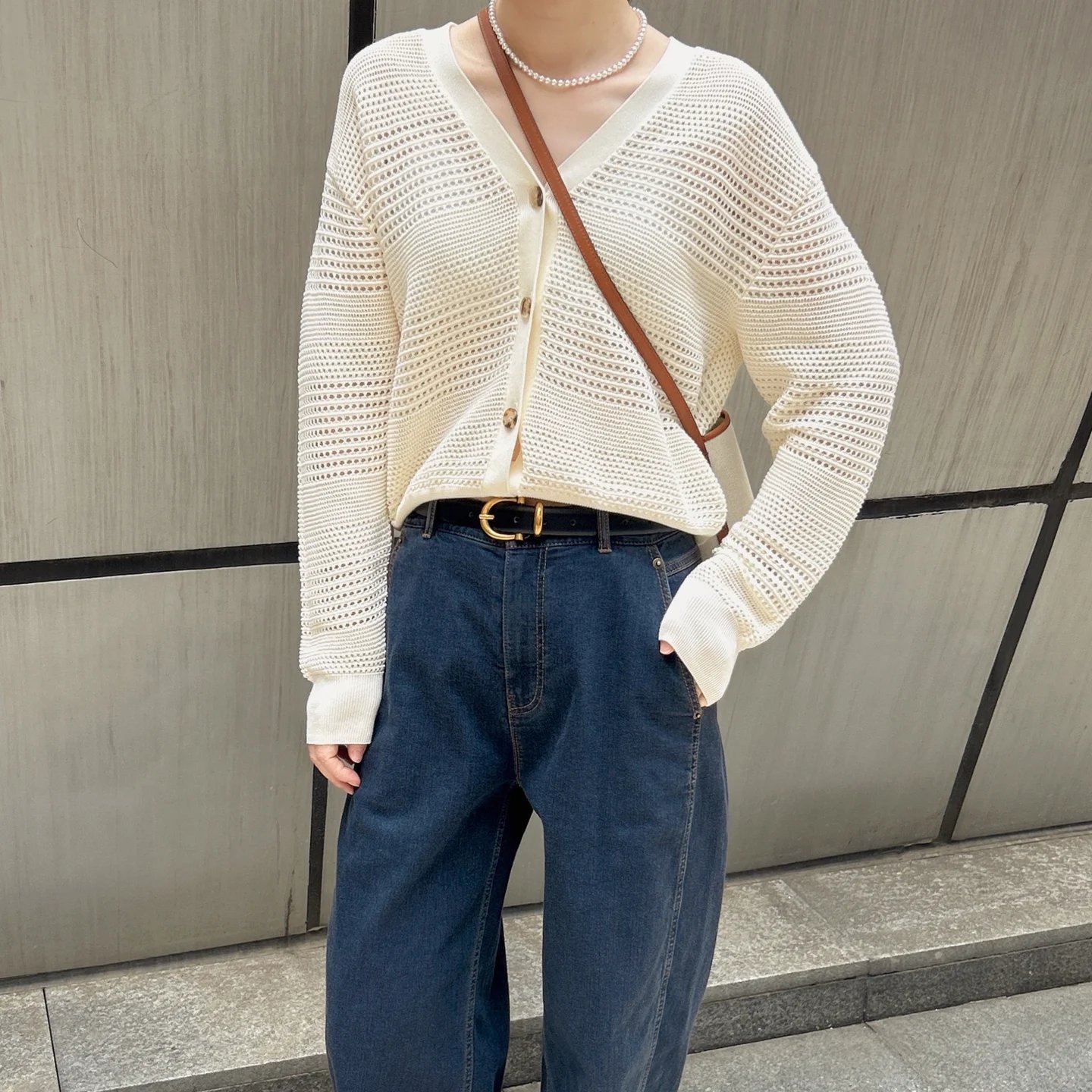 Cardigan — White Openwork Buttons — knitwear detail 3